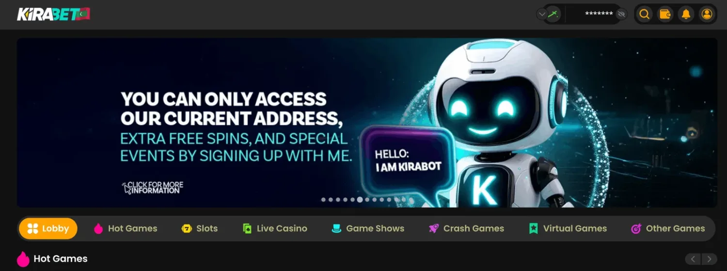 Category tabs across the top of the Kirabet casino lobby