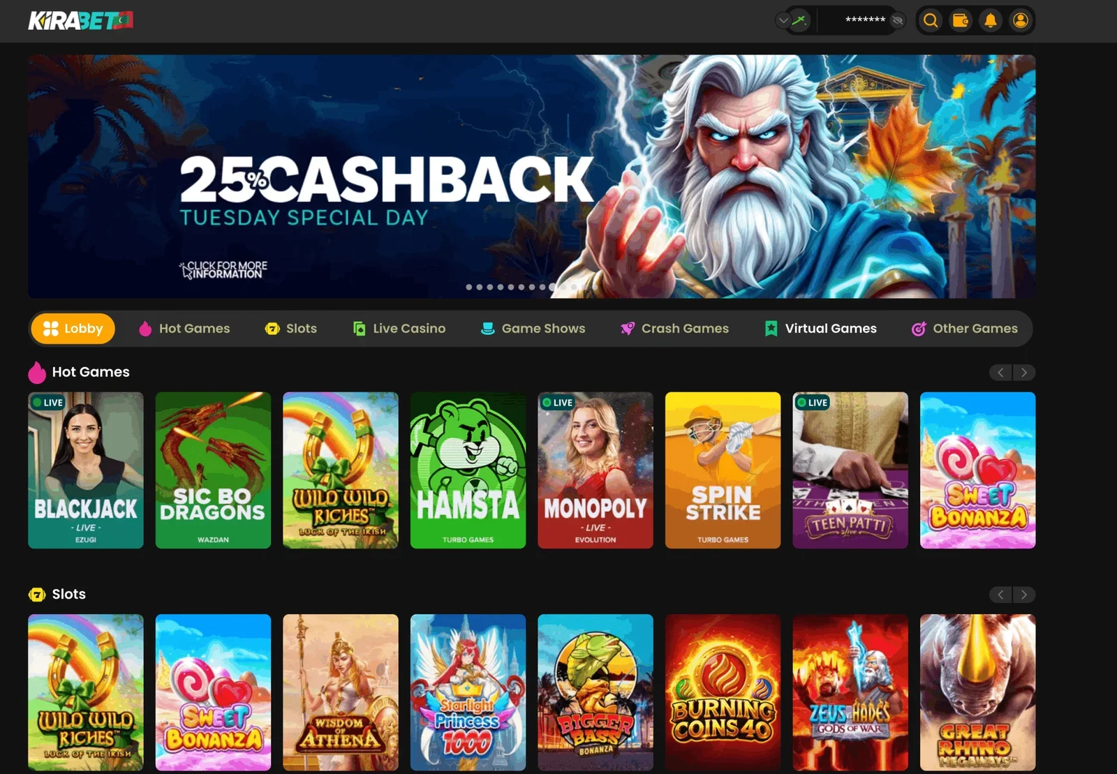 The Kirabet casino lobby with category tabs and game rows