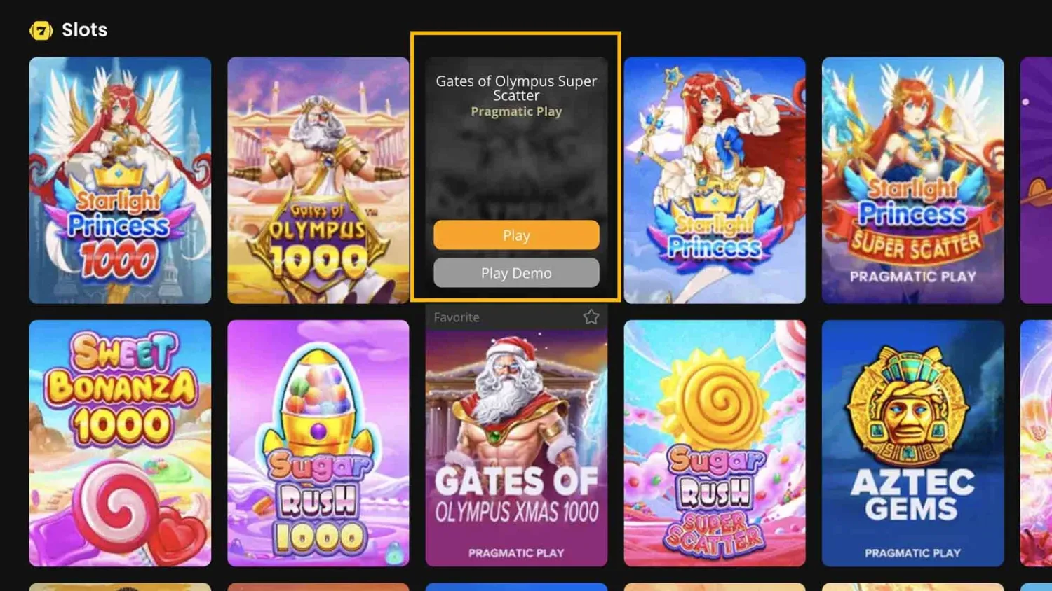 A game tile in the Kirabet lobby showing the play and demo buttons