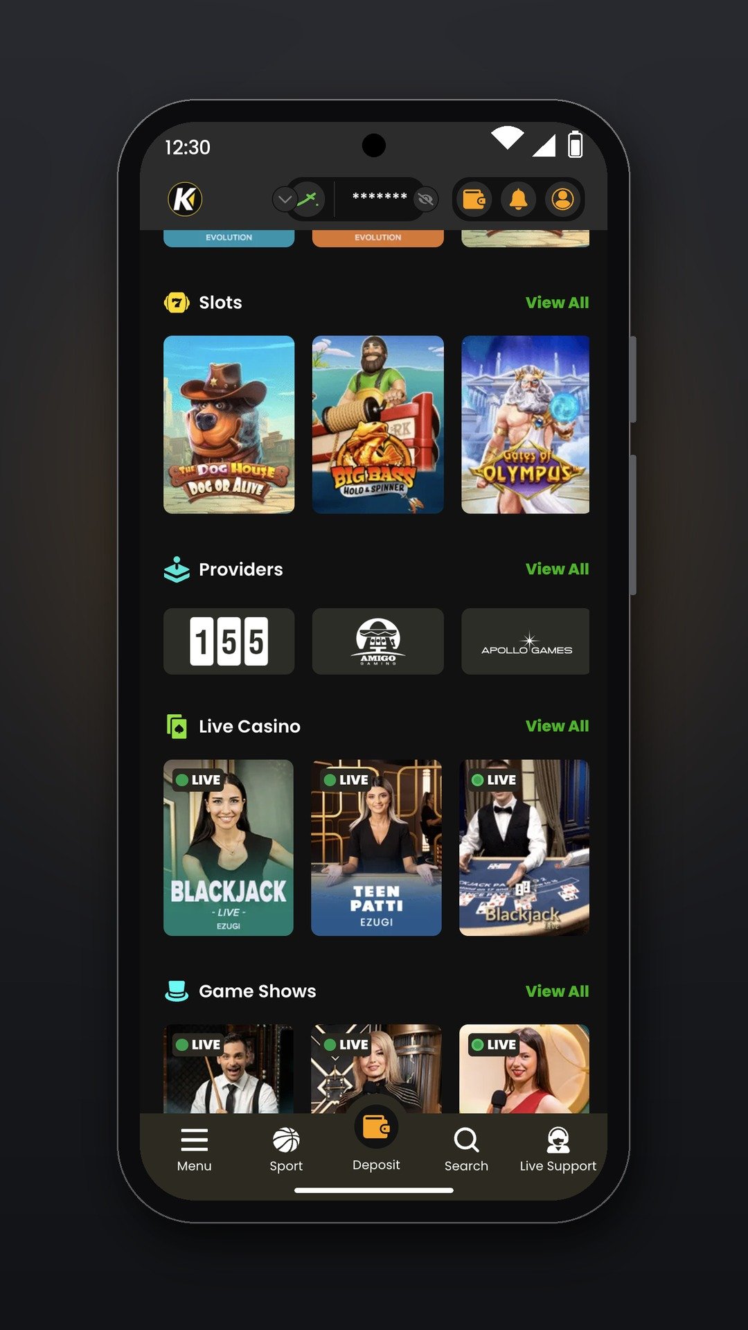 Kirabet casino lobby on Android