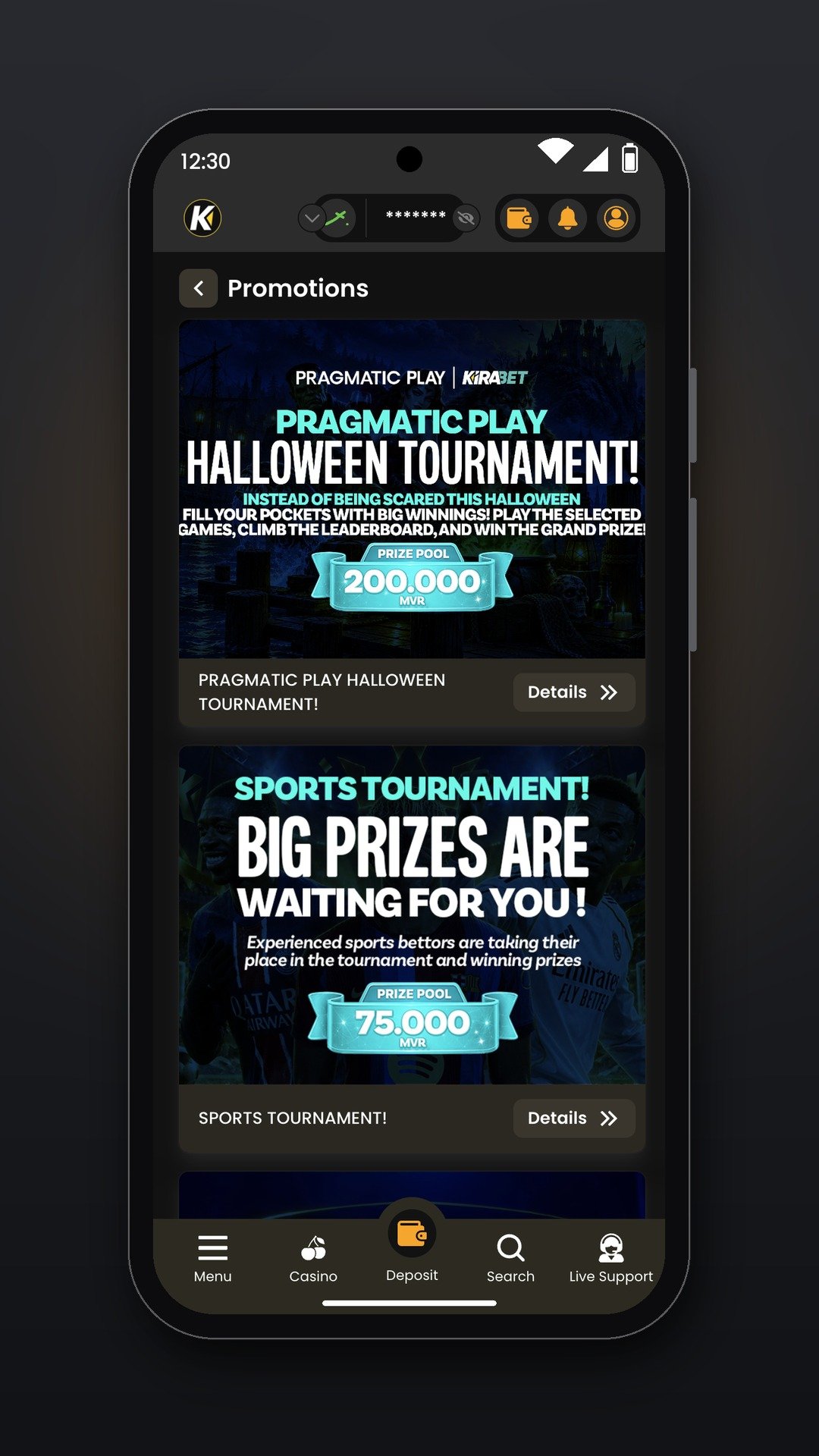 Kirabet promotions page on Android