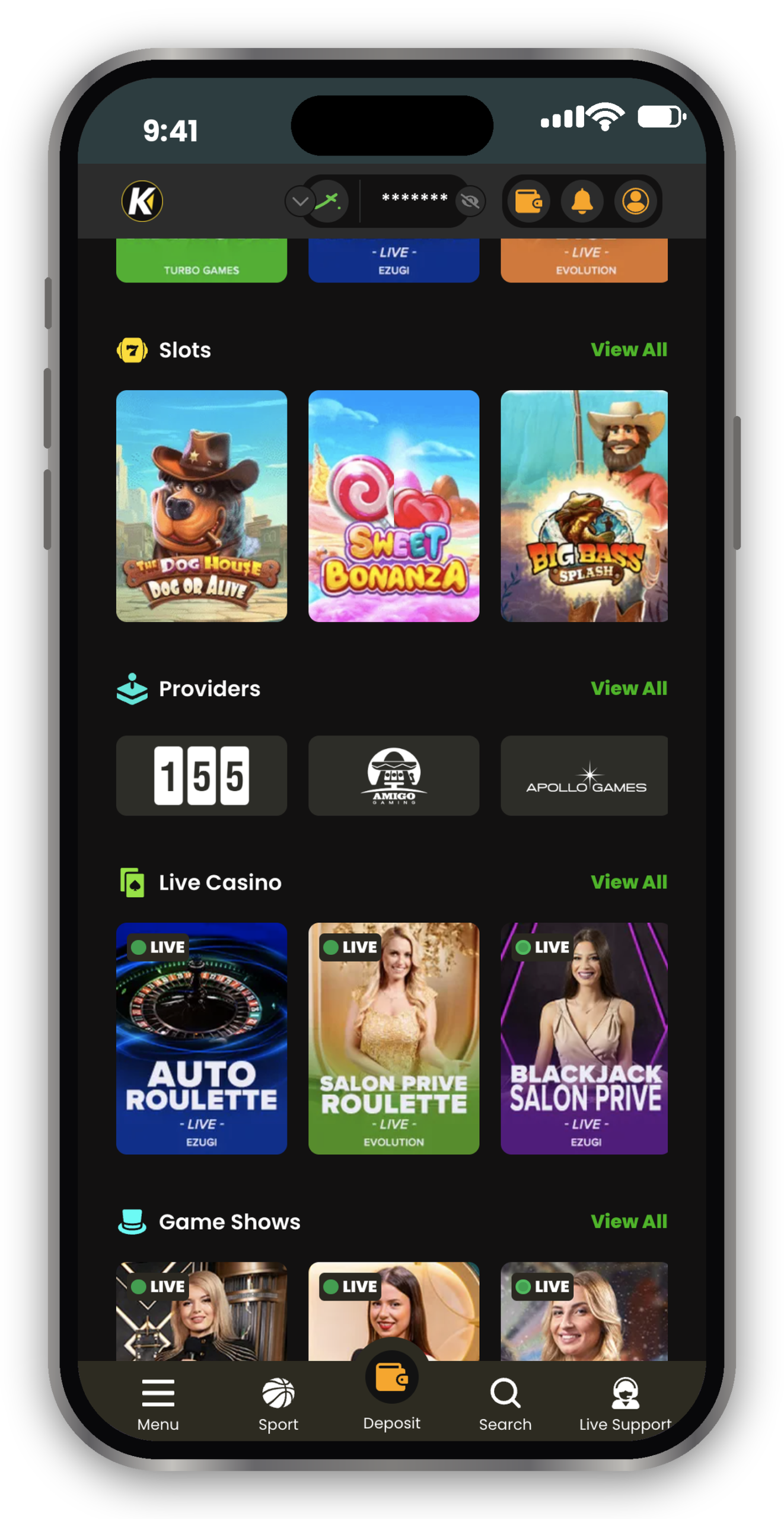 Kirabet casino lobby on iPhone