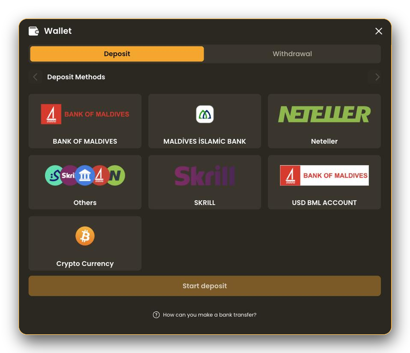 Kirabet wallet deposit methods: BML, MIB, USD BML account, Neteller, Skrill and crypto