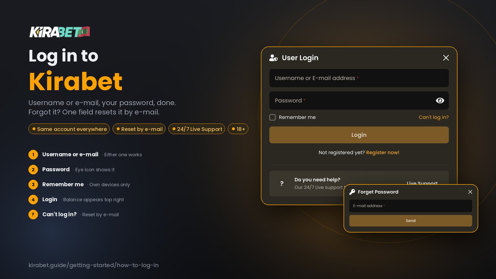 Kirabet login and Forget Password windows