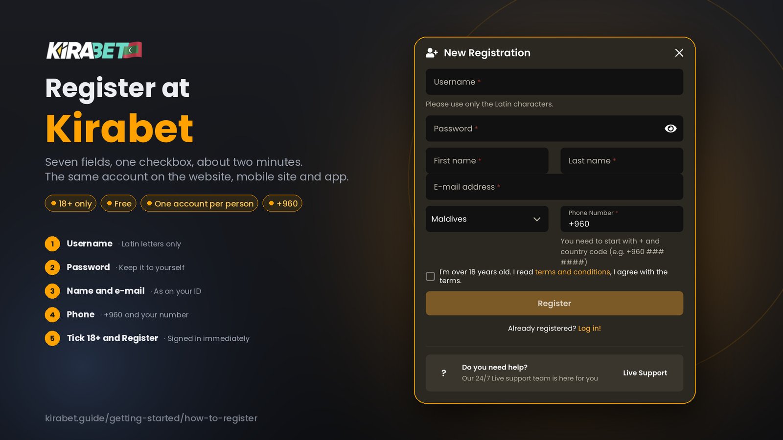 The Kirabet registration form